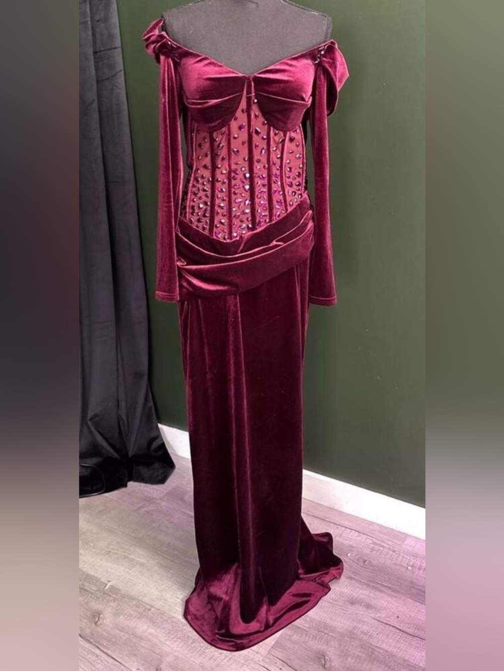 Belle Burgundy Velvet Off Shoulder Mesh Corset Rhinestone Gown, Size L